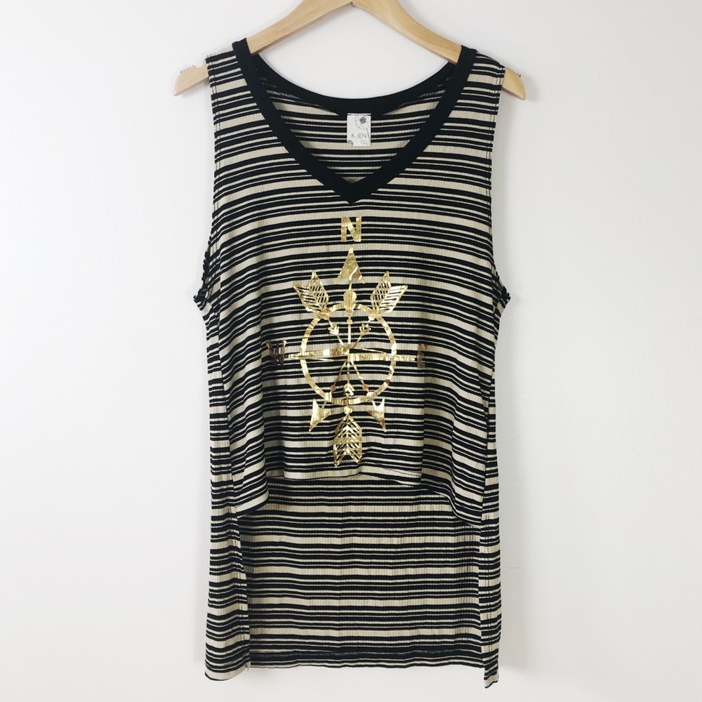 Gold Compass print Striped Hi-Low Tank Top